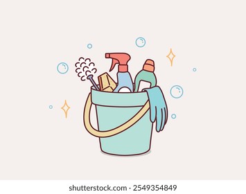 Set of items for general cleaning.Vector illustration of a bucket with household cleaning products. Hand drawn style vector design illustrations.