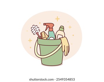 Set of items for general cleaning.Vector illustration of a bucket with household cleaning products. Hand drawn style vector design illustrations.