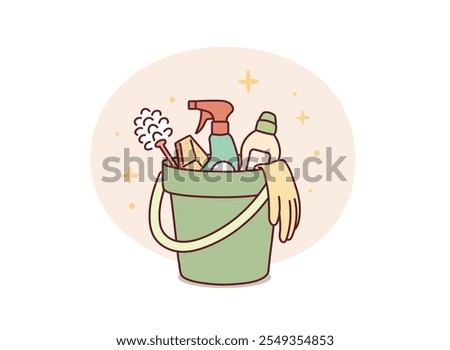 Set of items for general cleaning.Vector illustration of a bucket with household cleaning products. Hand drawn style vector design illustrations.