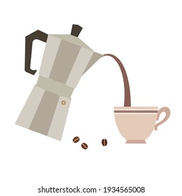 Conjunto de elementos: cafetera geyser, taza y granos de café con fondo blanco.
