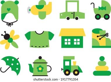 Un conjunto de artículos en verde. Clipart