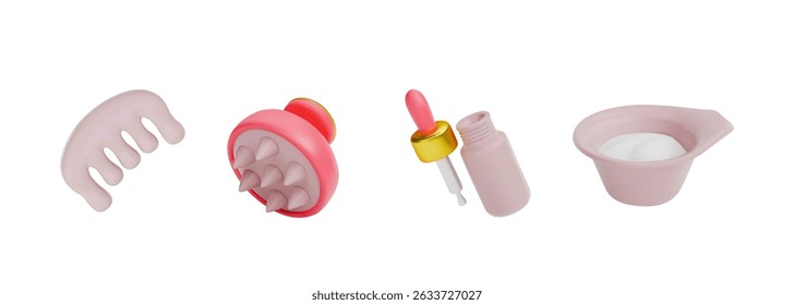 A set of items for hair care and growth. Massage comb, silicone comb, hair serum with dropper and bowl with basil. Vector illustration of 3d objects on isolated white background