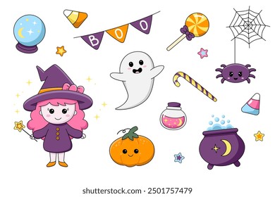 Un conjunto de artículos para unas felices vacaciones de Halloween. Elementos Kawaii. Bruja, Fantasmas, Linterna de calabaza, Tumba, Caramelo, Caldero, Poción, Cráneo, Ojo