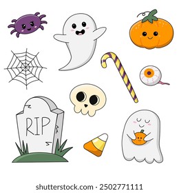 Un conjunto de artículos para unas felices vacaciones de Halloween. Elementos Kawaii. Fantasmas, calabaza, linterna, tumba, caramelo, cráneo, ojo, Web de araña