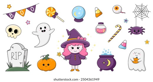 Un conjunto de artículos para unas felices vacaciones de Halloween. Elementos Kawaii. Bruja, Fantasmas, Linterna de calabaza, Tumba, Caramelo, Caldero, Poción, Cráneo, Ojo