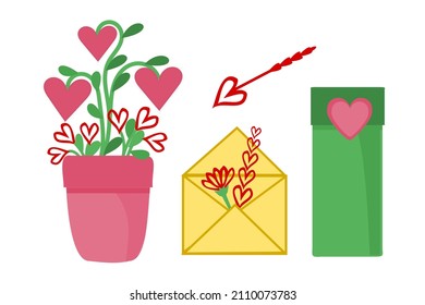 A set of items with a heart, flowers in a pot, an envelope, a gift in a box, a color illustration on a white background