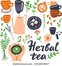Un conjunto de objetos para el té de hierbas sobre un fondo blanco