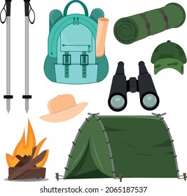 Un conjunto de elementos para hacer clic. Tienda, mochila, fogata, gorra, panama, binoculares, saco de dormir, bastones de trekking