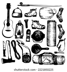 A set of items for a hike. Everything you need to relax in the forest. Doodle illustration