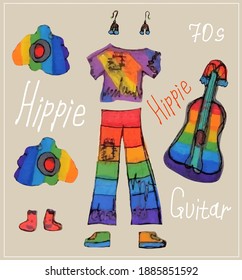 A set of items from the hippie style, 60s and 70s. T-shirt. flared trousers, earrings, guitar, speakers, flowers, inscriptions. Vector isolated scalable image.