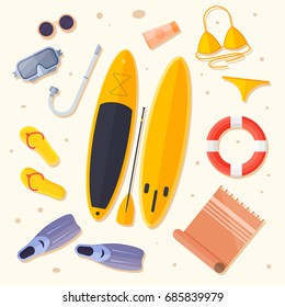 Set of items for holiday by sea: surfboard, flippers, swimsuit, mask for diving, mat, lifebuoy, flip flops. Vector illustration.