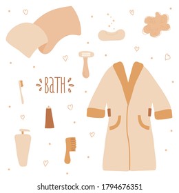 set of items for hygiene and bathroom. Bathrobe, towel, soap, toothbrush and paste, washcloth, shaving machine. Delicate beige colors and hand writing lettering. Vector cartoon illustration