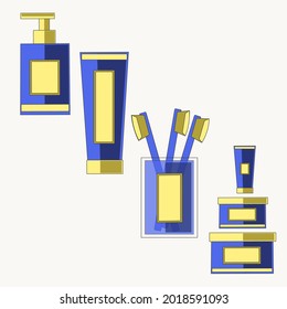 Eine Reihe von Produkten für Hygiene und Pflege des Körpers, Gesichts und der Zähne. Zahnpasta, flüssige Seife, Sahne. Kosmetik, Schönheitspflege, Schönheit, Sauberkeit und Gesundheit. Isolierte Vektorobjekte.