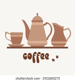 Set of items with an inscription, a coffee pot, a coffee cup and a milk jug.