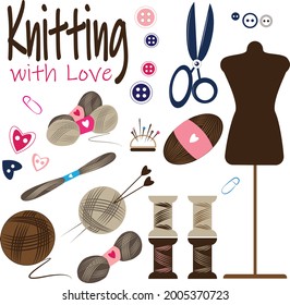 Set of items for knitting in brown color with threads knitting needles scissors and buttons