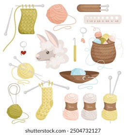 A set of items for knitting. Skeins of yarn, needles, accessories, natural alpaca wool symbol. Handmade and hobby concept. Vector illustration on white background.