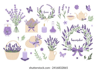 Un conjunto de objetos con flores de lavanda. Gráficos vectoriales.