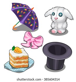 A set of items from the life of a white Bunny. Vector illustration.