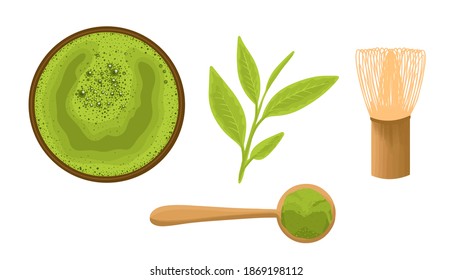 ensemble d'articles pour faire du thé matcha - mug, whisk, cuillère avec de la poudre.