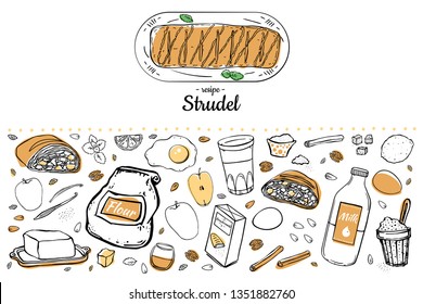 set of items for making Viennese traditional strudel hand drawing