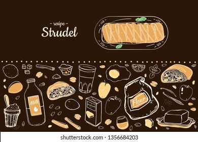 Set Of Items For Making Viennese Traditional Strudel Hand Drawing