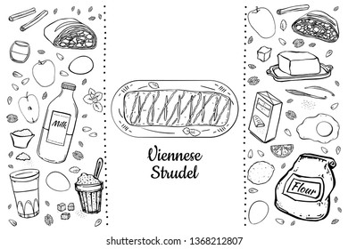 set of items for making Viennese traditional strudel hand drawing