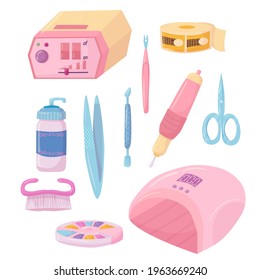 conjunto de elementos. Manicura y pedicura. esmalte de uñas. Herramientas de manicura al estilo de las caricaturas. Ilustración vectorial aislada en fondo blanco.
