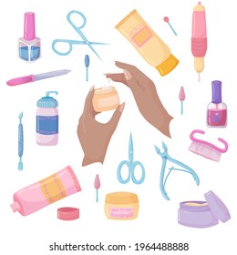 set of items. Manicure and pedicure. nail polish. Cartoon style manicure tools. Vector illustration isolated on white background.