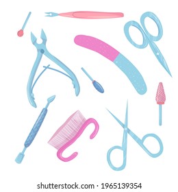 set of items. Manicure and pedicure. nail polish. Cartoon style manicure tools. Vector illustration isolated on white background.