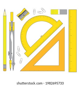 A set of items for measurements - protractor, compasses, ruler. Collection of stationery isolated on white background. Vector illustration