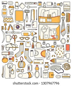 A set of items from men's suitcase. Vector illustration