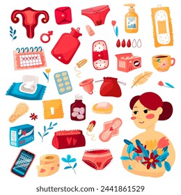 Set of items for menstruation pads, panties, phone, a box of pads, soap, pills, a box of tampons and others. Concept of a woman's regular menstrual cycle. Vector illustration of a girl with flowers