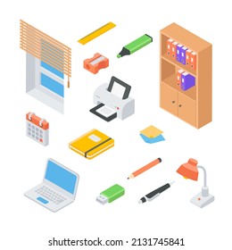 Set Of Items Modern Office Workplace Space Organization With Furniture, Electronic Devices And Stationery Isometric Vector Illustration. Collection Workspace Cupboard, Laptop, Calendar, Window