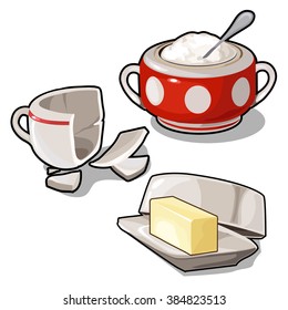 The Set Of Items For Morning Tea. Broken Cup. Vector Illustration.