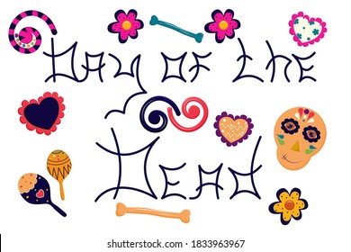 A set of items for the national Mexican holiday and carnival - Day of the dead. Vector illustration in flat style. Skull and inscription in the Mexican colors of the crossbones, hearts and maracas.