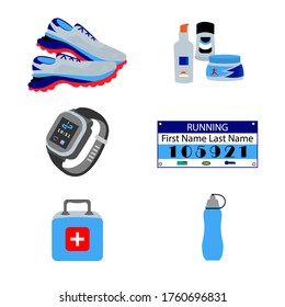 A set of items needed for running. Sports equipment concept with competitive marathon accessories. Sneakers, first-aid kit, water bottle, sports cosmetics. Vector illustration
