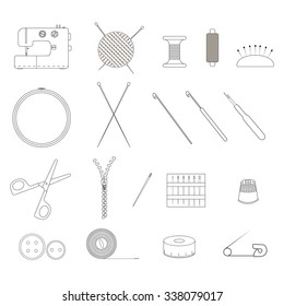 set of items for needlework. linear design. outlines of objects. Isolated on transparent background. Vector illustration.