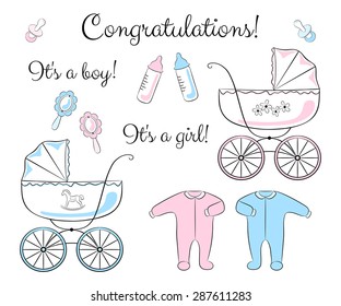 A set of items for newborn: baby carriage, clothing, rattle, soother and feeding bottle. Variations for a boy and for a girl. Baby shower or congratulations card design elements. 