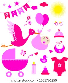 A set of items for a newborn girl. Vector