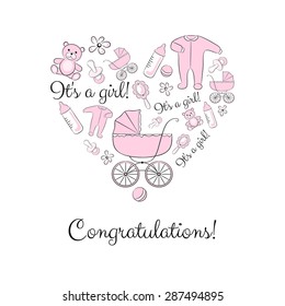 A set of items for newborn grouped in a heart shape, variant for a girl. Baby shower or congratulations card design elements.