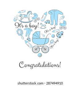 A set of items for newborn grouped in a heart shape, variant for a boy. Baby shower or congratulations card design elements. 