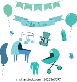 Set of items for the newborn in nautical style. Design elements for cards, prints, posters.
