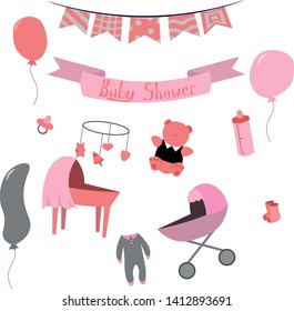 Set of items for a newborn in pink style. Design elements for cards, prints, posters.
