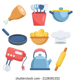 Set of items object element use in kitchen with meal in cartoon design, flat vector illustration