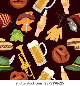 Set of items for Oktoberfest on black background. Pattern for de