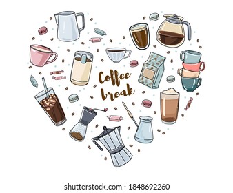 A set of items on the coffee theme. Preparation and enjoyment of coffee. Isolated objects in the shape of a heart on a white background. Doodle style.