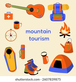 set of items on light background medical box, guitar, backpack, campfire, kettle, compass, thermos, boots, flashlight, tent, sleeping bag, mug for stickers, web design, design isolated vector