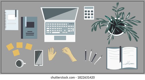 Un conjunto de elementos en la tabla. Escritorio. Portátil, teléfono, flor, taza de café, pantuflas, cuadernos, pegatinas, lápices, lapiceros, calculadora, teléfono, tablet. Imágenes aisladas por vectores.