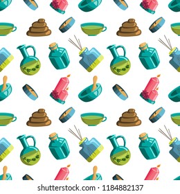 Set of items on the theme of Ayurveda and Spa. Drawn in cartoon style. seamless pattern.
