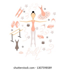 Set of items on the theme of ballet. 
Ballerina and everything for ballet. Pointe shoes. Flat colored vector illustration